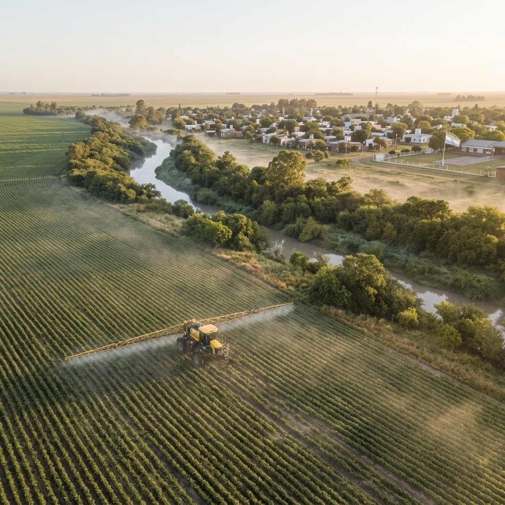 Vista aérea de un lote junto a un arroyo y un pueblo rural